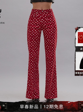 R13 2026早春新品 CHARLOTTE新年氛围感红色爱心印花高腰牛仔裤