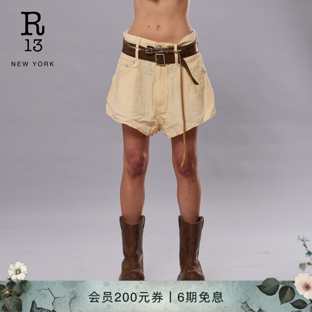 R13春夏双腰环亚麻落裆短裤