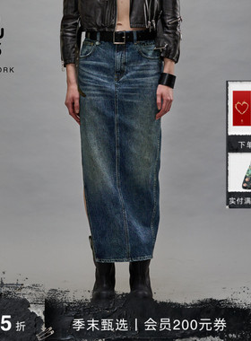 【明星同款】R13 早秋系列 DEVON 垂感直筒裙侧开衩牛仔半裙