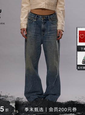 R13 2025春夏系列 WAYNE 水洗做旧拖地长裤阔腿牛仔裤男女同款