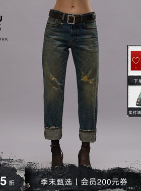 R13 秋冬系列 ROMEO 深色水洗做旧褪色男友风低腰修身直筒牛仔裤
