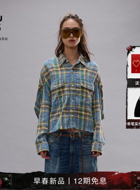R13 2026早春新品 宽松短款落肩设计做旧经典格纹衬衫