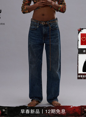 R13 2026早春新品 BF深靛蓝水洗自然做旧中腰常规直筒牛仔裤