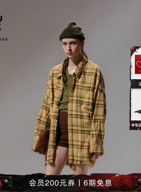 【明星同款】R13 宽松落肩街头复古慵懒风格纹衬衫