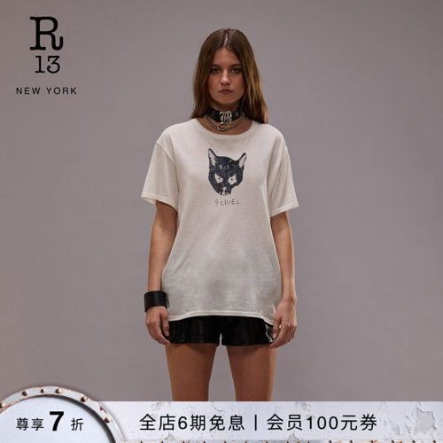 R13宽松手工印花圆领T恤