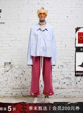 R13 蓝色法式休闲不规则设计宽松经典短款吊领牛津衬衫