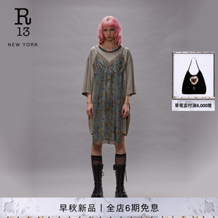 R13 2026早秋新品解构拼接设计碎花中长款T恤式连衣裙