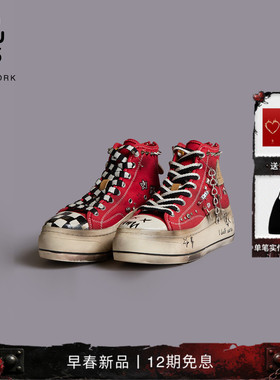 R13 2026早春新品 做旧复古潮流街头风趣味涂鸦帆布鞋运动板鞋