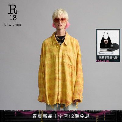 R13宽松落领格纹衬衫
