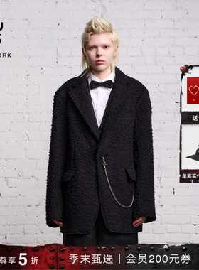 R13 Oversized侧袋链条细节点缀复古黑色羊毛西装外套