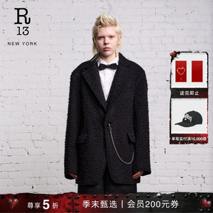 R13 Oversized侧袋链条细节点缀复古黑色羊毛西装外套