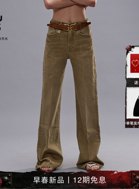 R13 2026早春新品 CHARLOTTE橄榄绿色舒适复古高腰修身微喇牛仔裤