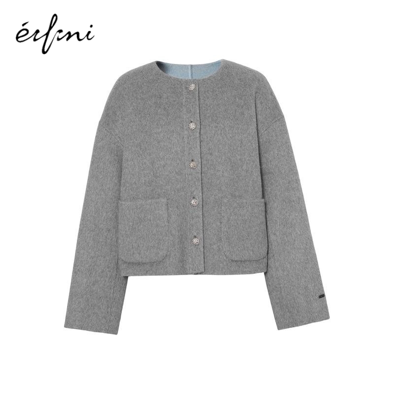 伊芙丽新品正反两穿圆领上衣2025年冬季新款毛呢短外套1GA170102