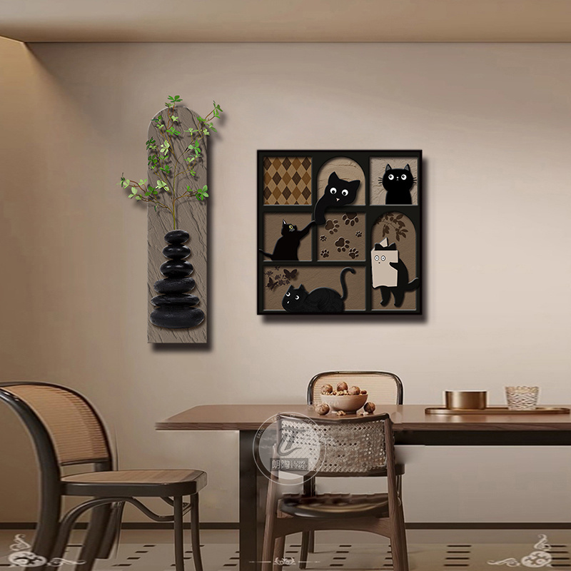 中古风客厅装饰画餐厅饭厅背景墙壁画猫咪高级感组合画玄关挂画图片