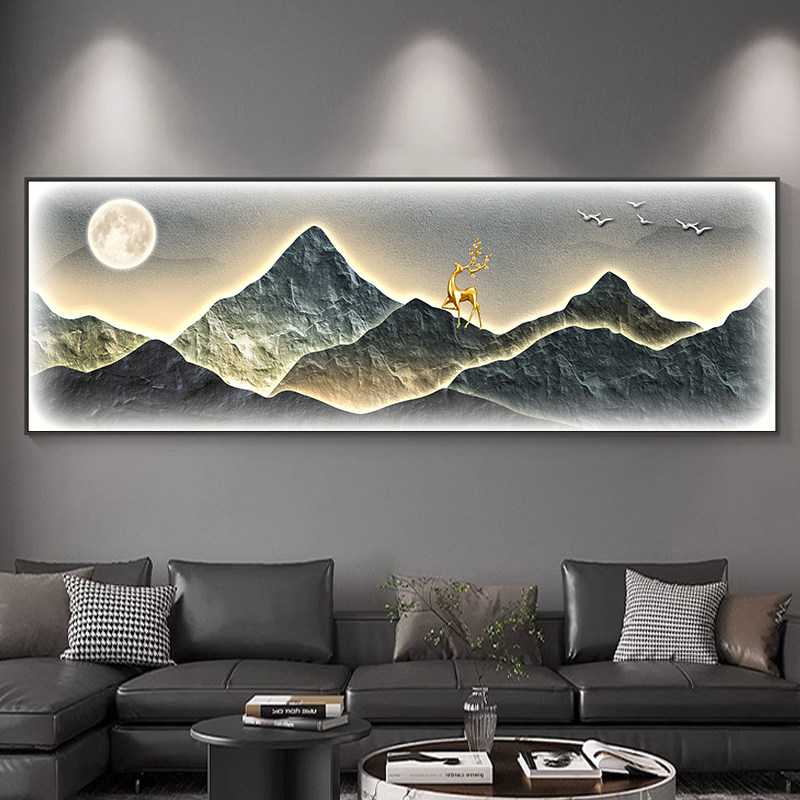 现代轻奢卧室装饰画主卧床头挂画高级感山水画壁灯背有靠山客厅画
