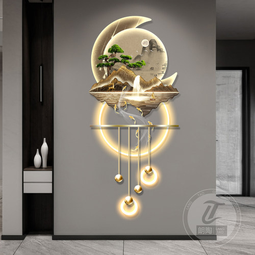 新中式迎客松九鱼图玄关装饰画