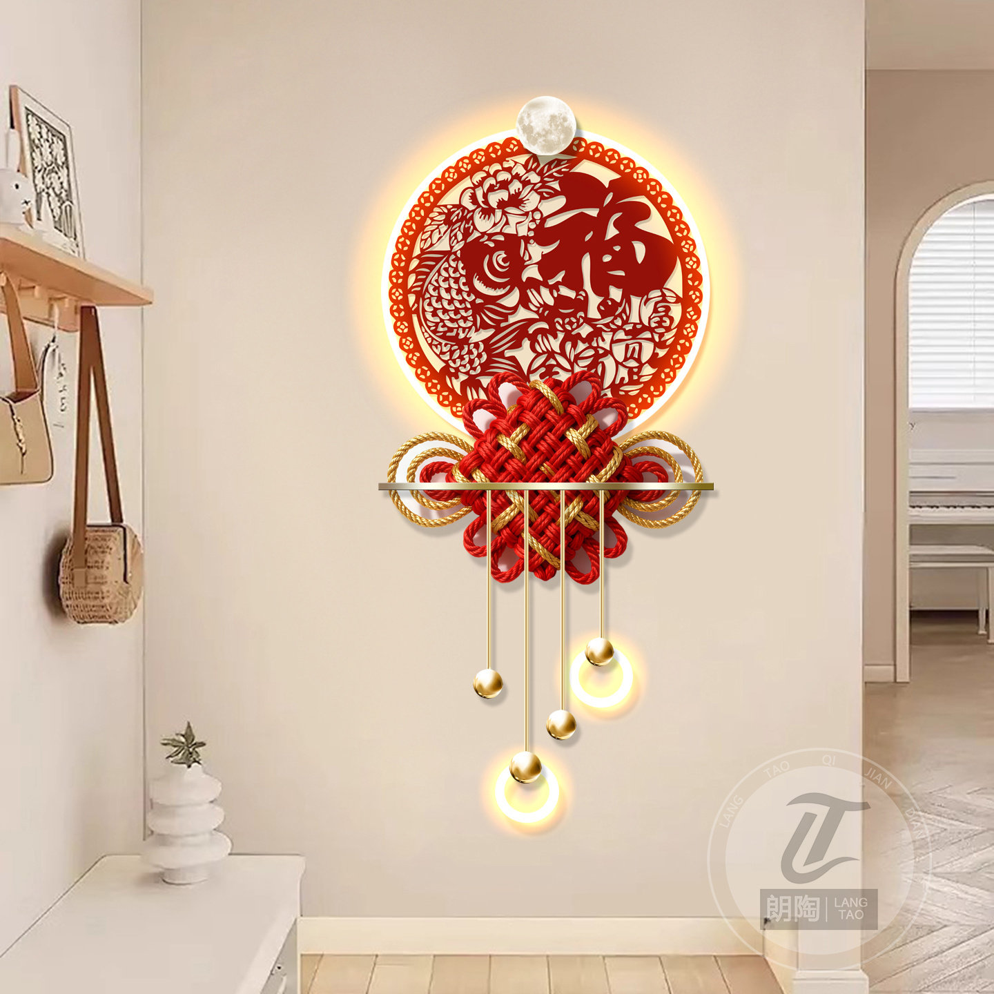 新中式玄关装饰画中国结福字客厅格栅带灯立体挂画氛围感发光画,家居饰品,氛围画/灯画,淘宝优惠券,粉丝福利购,淘宝优惠卷