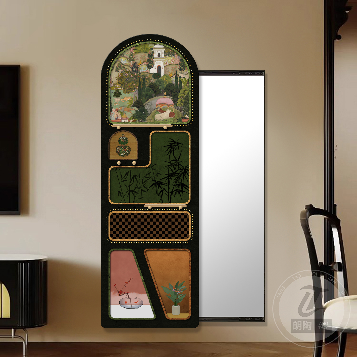 中古风玄关镜子画落地镜洞洞板