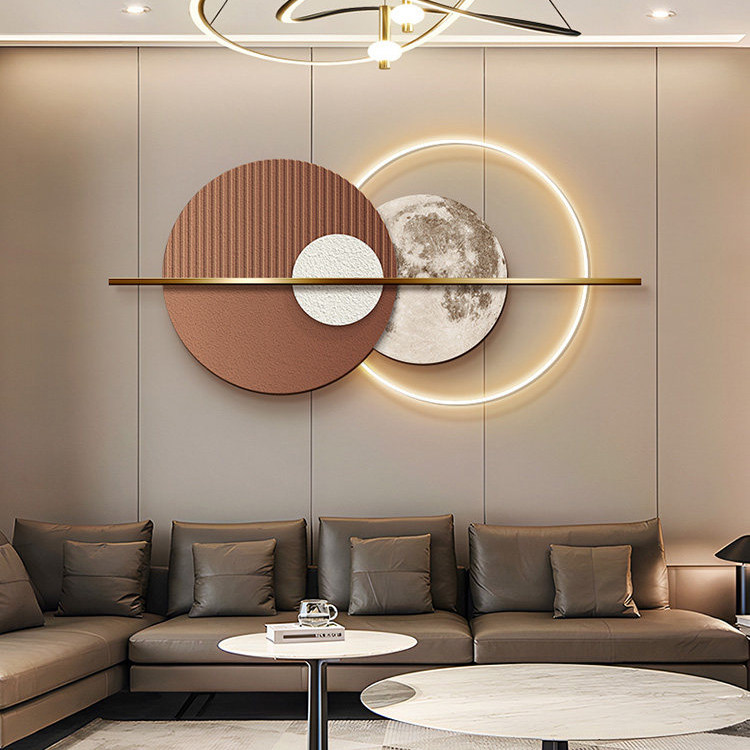 现代轻奢客厅装饰画高级感沙发背景墙挂画2026新款月球发光灯壁画