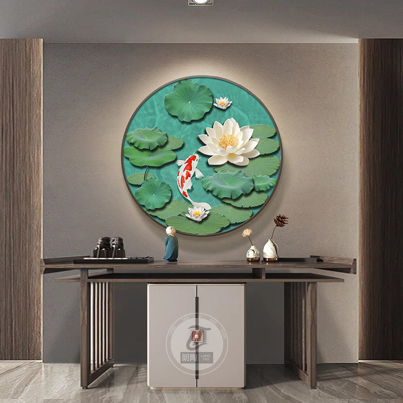 新中式玄关装饰画古风荷花鲤鱼图入户门圆形壁画走廊led发光灯画