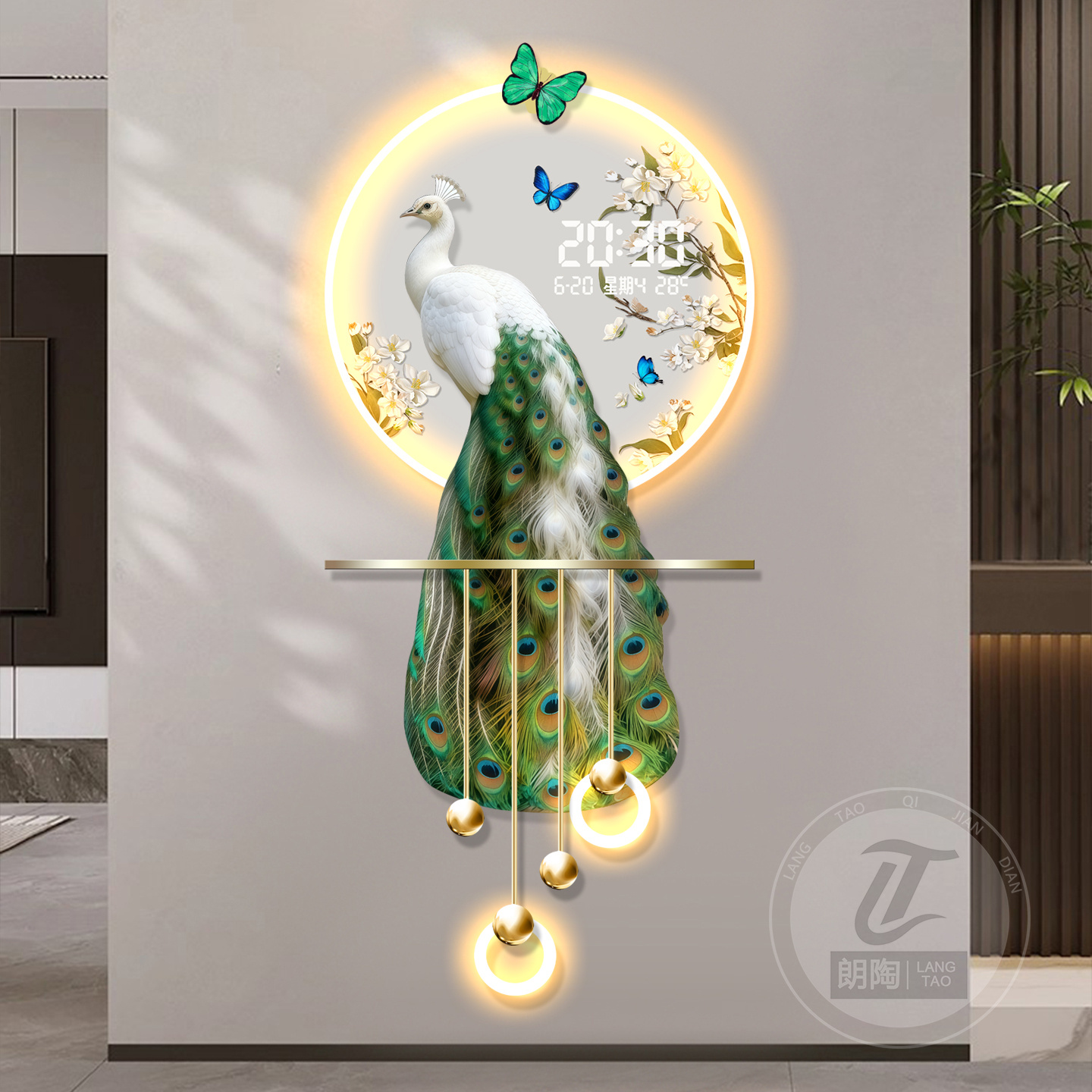 新中式孔雀玄关装饰画智能万年历