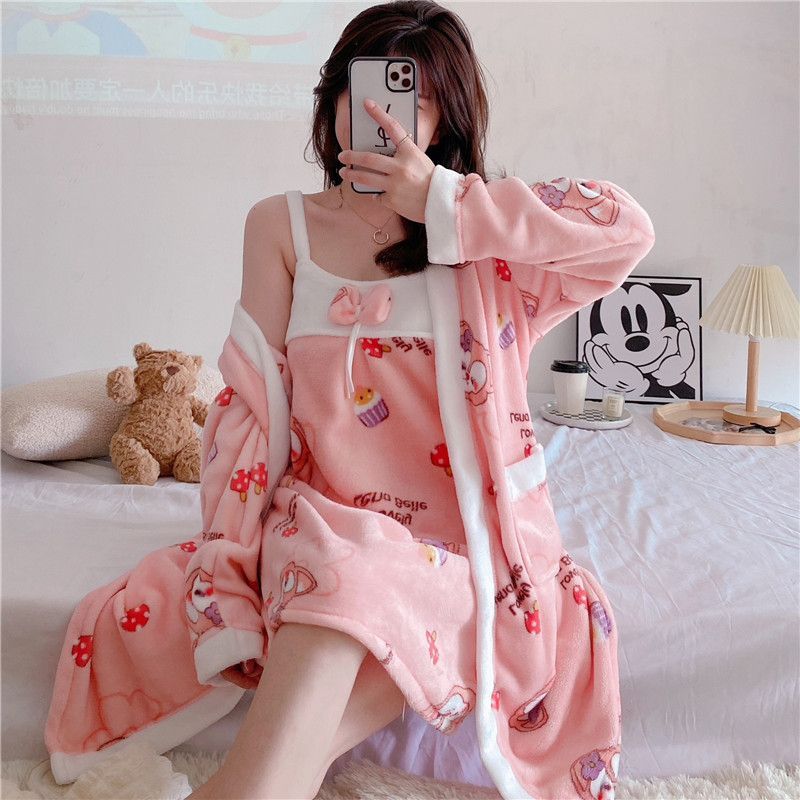 睡衣女秋冬季珊瑚绒睡裙长袖加厚可爱法兰绒睡袍两件套浴袍家居服