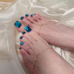 10片纯手工脚趾甲高级感爆闪浮生蓝色猫眼穿戴甲美甲 浮生蓝