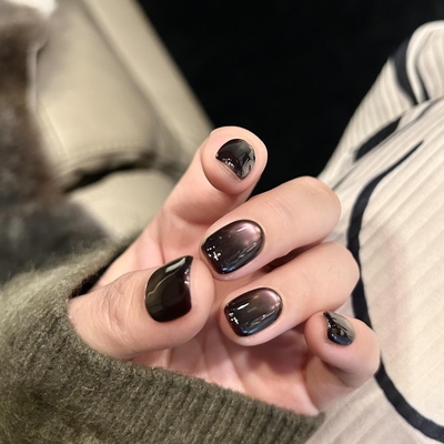 手工美甲贴片高质量紫色纯色玻璃珠猫眼穿戴甲2025新款短款高级感