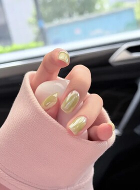手工穿戴甲奶绿色极光粉高级感显白贴片成品手工穿戴美甲可拆卸