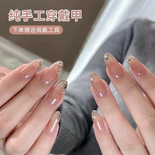 纯手工嬛嬛闪钻穿戴甲中长款2025新款高级感裸色美甲高质量杏仁型