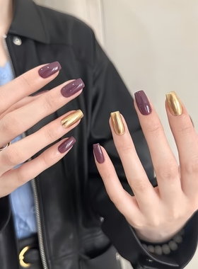 小红书爆款推荐甜酷风手工中长款高级感紫色香槟金镜面美甲穿戴甲