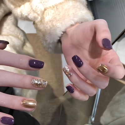 手工穿戴甲片拆卸防水穿戴光疗美甲贴紫醉金迷贵气金闪亮片短甲