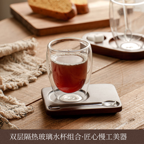 日式双层玻璃咖啡杯带勺垫套装