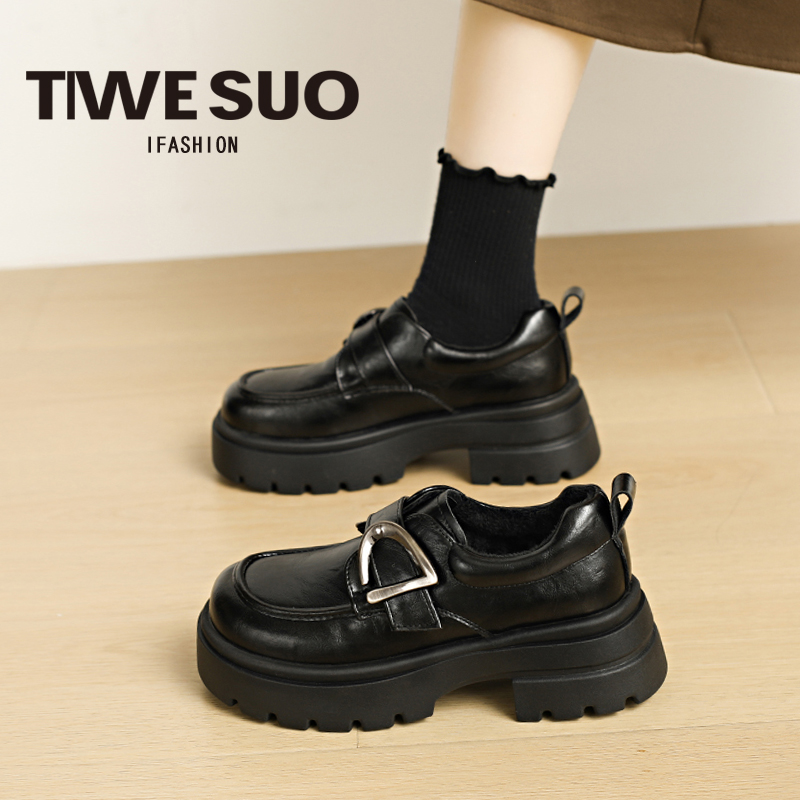 厚底增高小皮鞋乐福单鞋加绒棉鞋