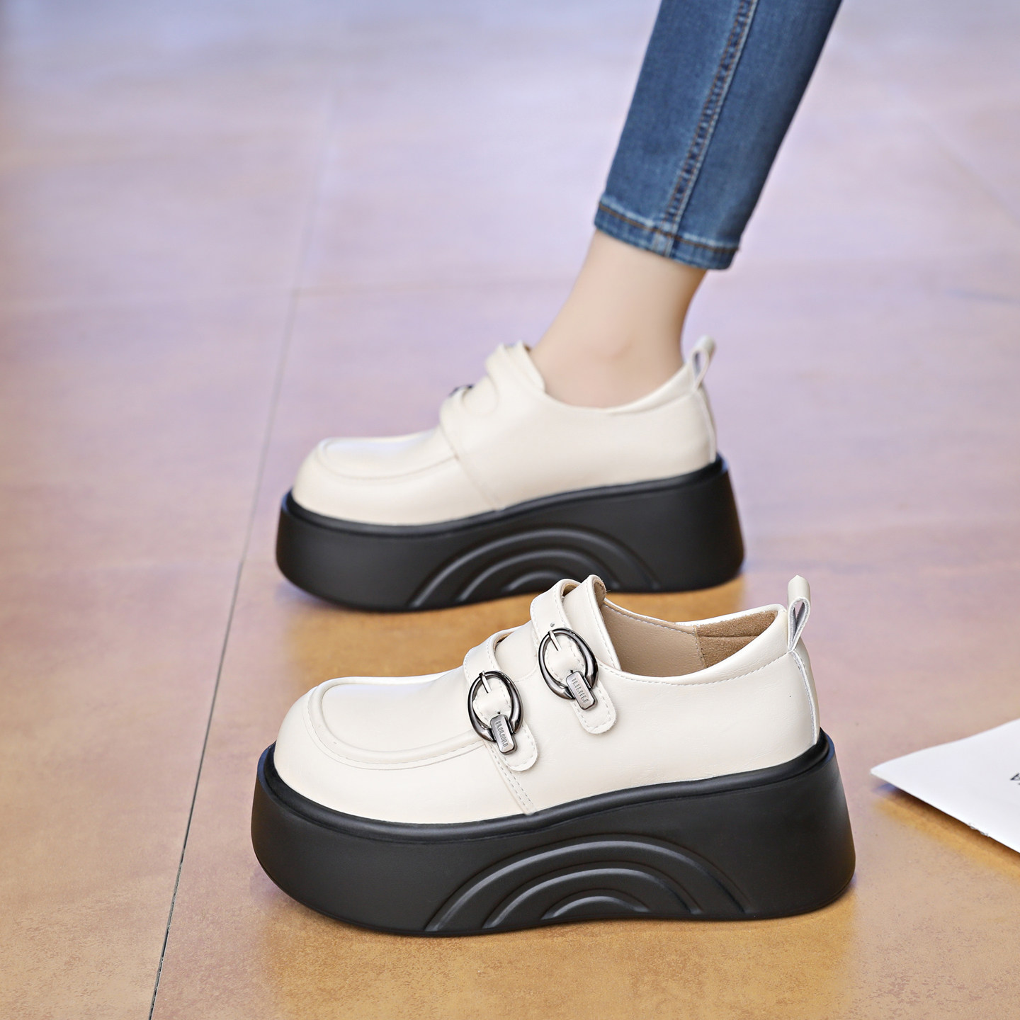 松糕厚底小皮鞋女款2025春秋新款配裙子英伦风增高一脚蹬乐福单鞋,女鞋,深口单鞋,淘宝优惠券,粉丝福利购,淘宝优惠卷