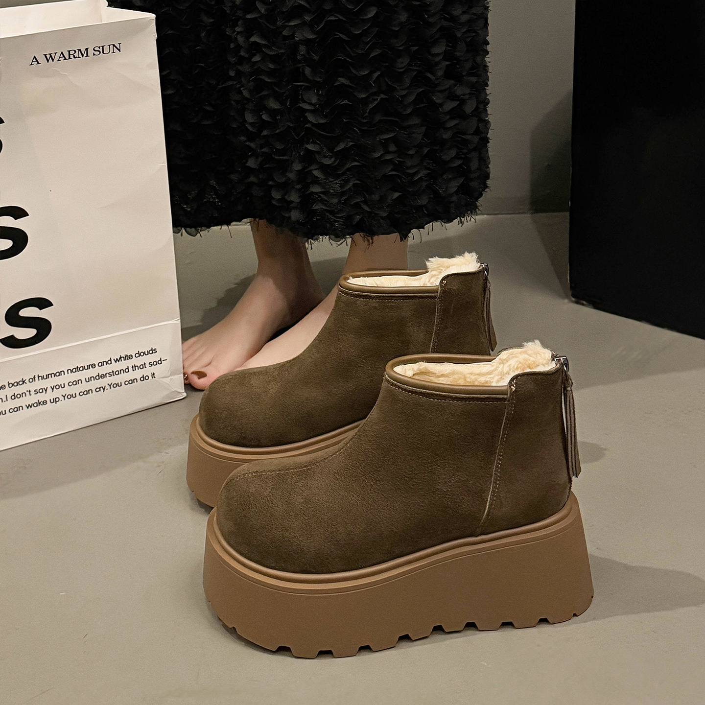 厚底短靴加绒勃肯雪地靴保暖棉鞋