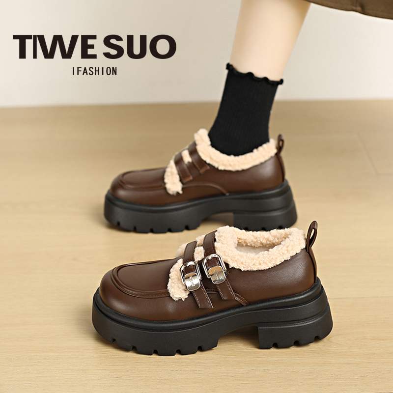 厚底加绒小皮鞋保暖毛毛乐福棉鞋