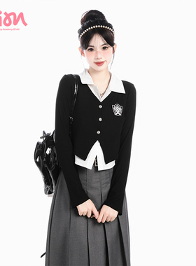 FLIM【蒋申同款】美式学院风套装假两件针织上衣高腰百褶裙两件套