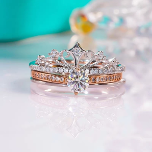 AU750纯18K玫瑰金D色莫桑石城堡烟花双层叠戒指可单戴送女友50分