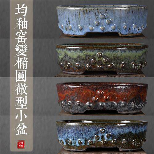 宜兴紫砂钧釉花盆大正和鼓钉椭圆火棘白蜡三角枫专用小号桌面盆景