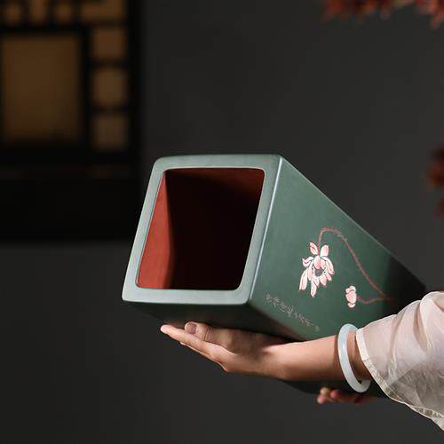 紫砂李超手工禅意莲花35cm高四方悬崖盆景盆桌面寒兰古花器