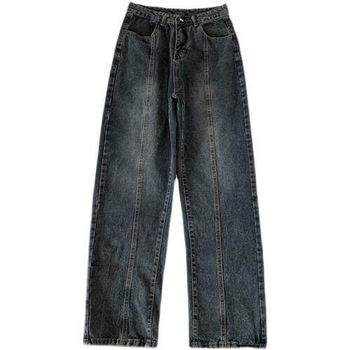 美式复古高街双压线设计感牛仔裤春季马骝袋口刺绣直筒阔腿裤子