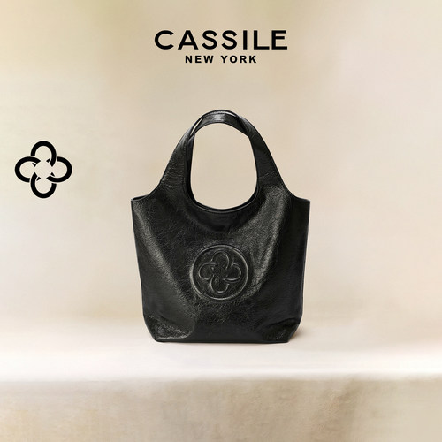 CASSILE卡思乐新款MINI马甲手提菜篮包黑色牛皮斜挎通勤小托特包