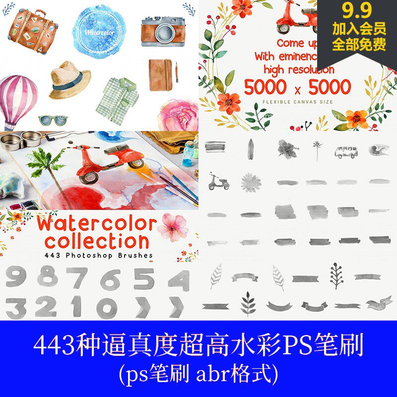 PS笔刷水彩画高端 数位绘画板花卉植物卡通笔触素材PS画笔