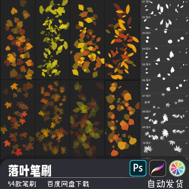 植物风景树叶枫叶银杏叶落叶PS/SAI2笔刷预设procreate画笔素材