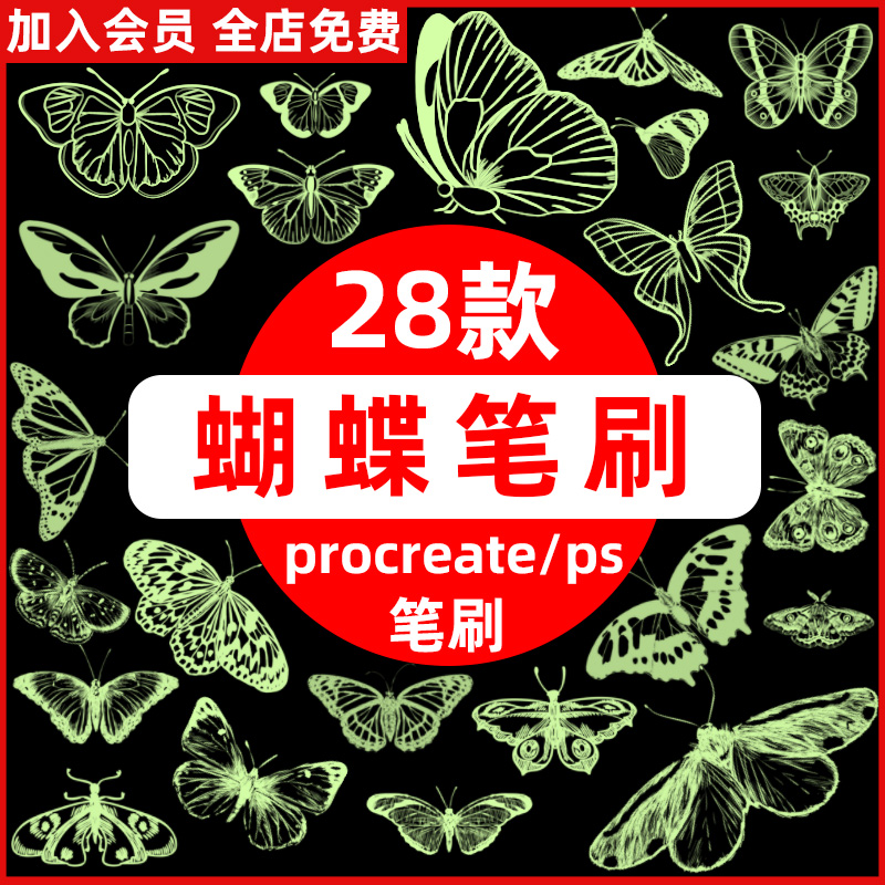 手绘梦幻蝴蝶飞舞翅膀绘画插画procreate笔刷ps笔刷图案装饰素材图片