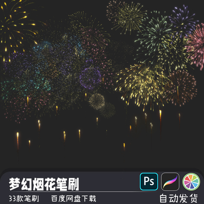 节日夜景梦幻烟花焰火礼花造型procreate画笔预设SAI2/PS笔刷素材