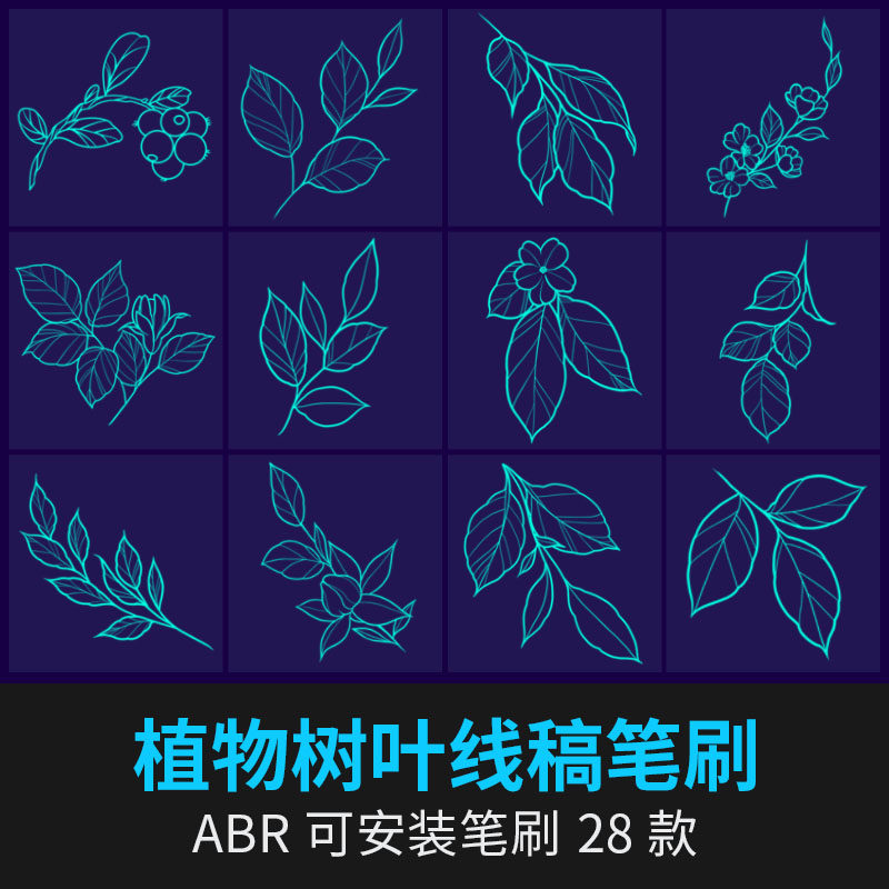 手绘树叶枝叶落叶植物线稿装饰上色背景procreate笔刷ps笔刷素材