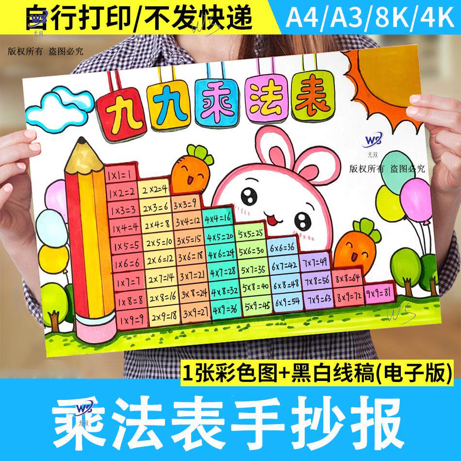 乘法口诀表手抄报小九九小报电子模板小学生数学主题黑白线稿a3a4