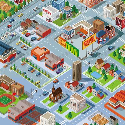 扁平化等距3d立体城市建筑交通工具场景h5动画矢量卡通ui设计素材
